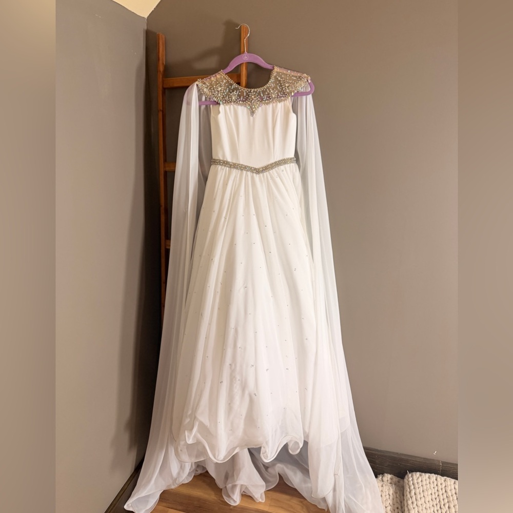 Sugar by Johnathan Kayne Embellished White Tulle Gown with Beaded Capelet